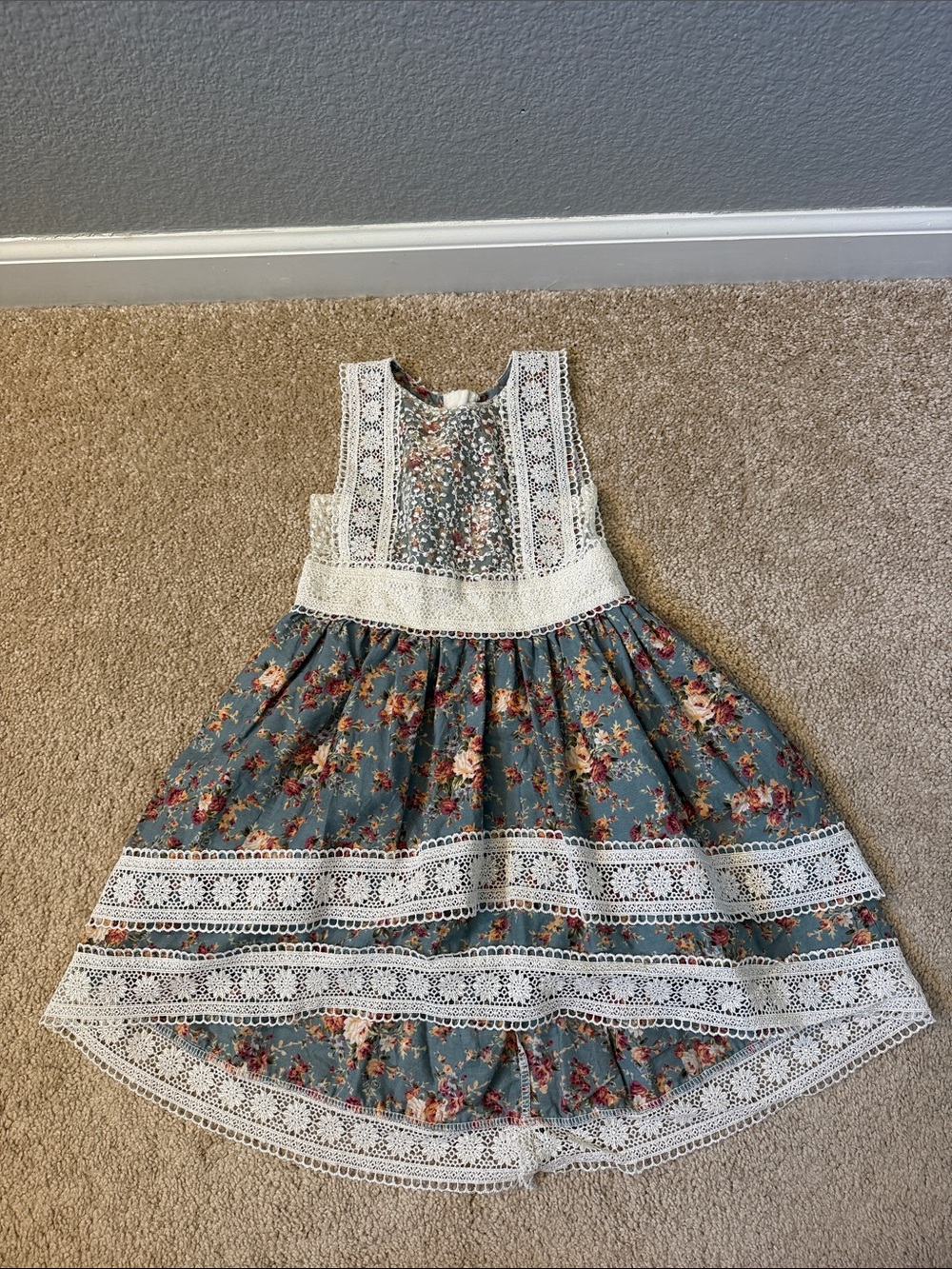 Trish Scully Child Girls Blue Floral Lace-Trim Formal Dress Size 12-18 months